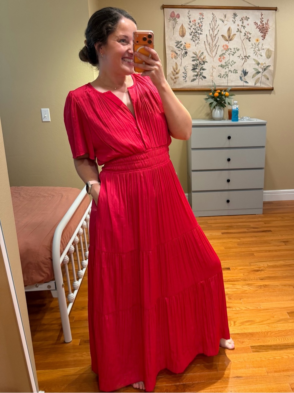 Anthropologie Somerset Bright Pink Satin Tiered Maxi Dress - Elegant V-Neck XL - Picture 1 of 12